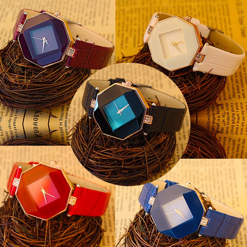 Women Watches Gem Cut Geometry Crystal Leather Quartz Wristwatch Fashion Dress Watch Ladies Gifts Clock Relogio Feminino