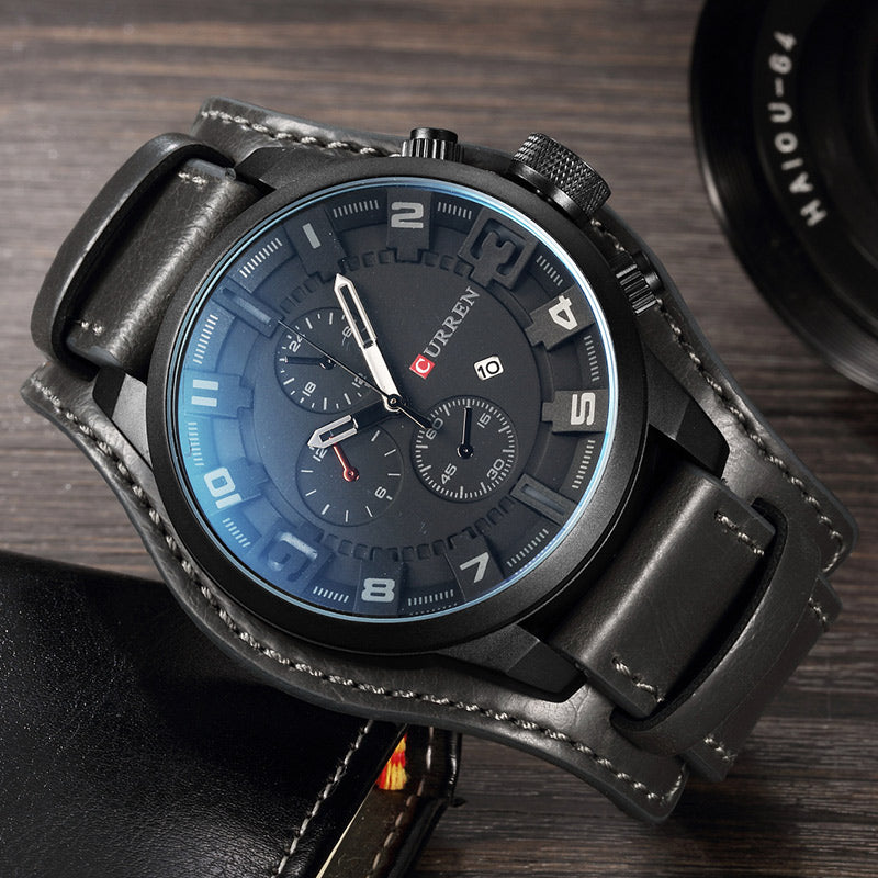 Mens Watches Military Sports Men Watch Quartz Date Clock Casual Leather Wrist Watch Relog