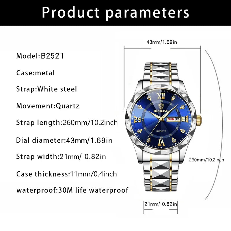 BINBOND Men Waterproof Week Date Clock Stainless Steel Sport Watch Top Brand Luxury Fashion Quartz Watch Men Quartz Wristwatch
