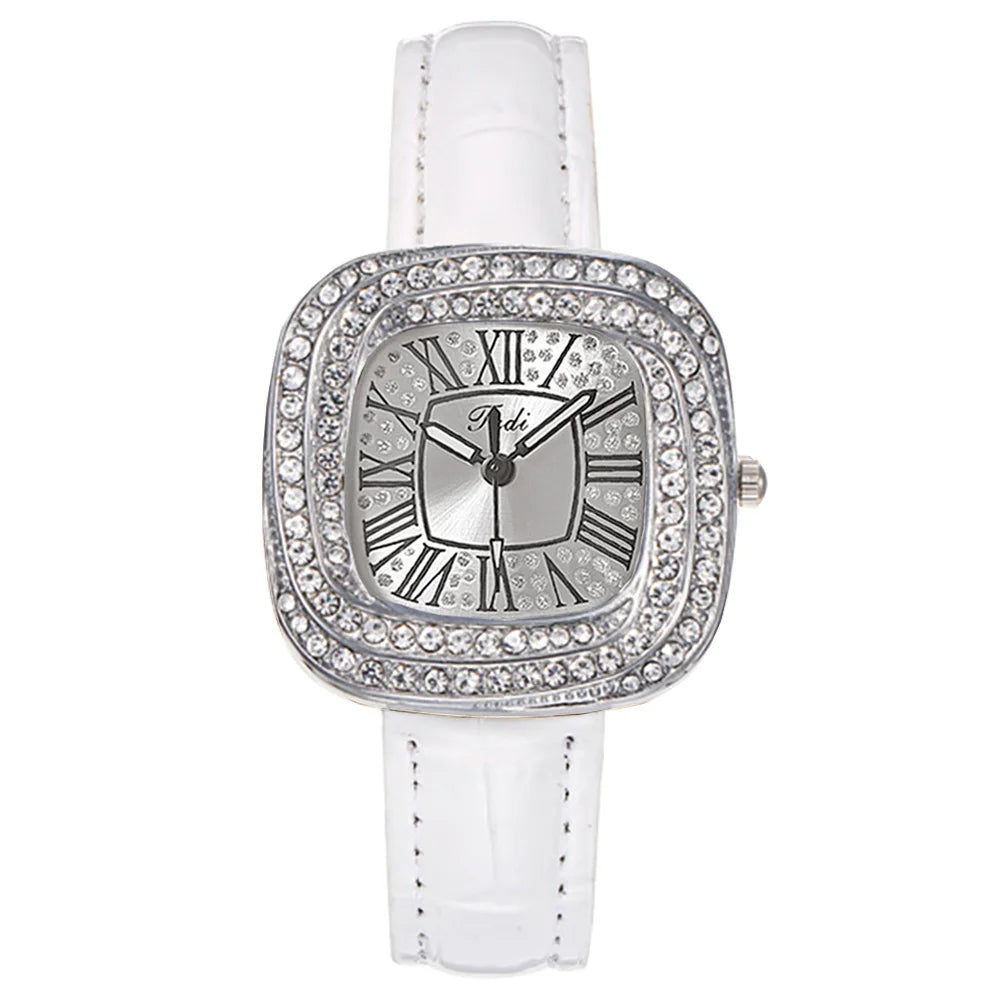 Fashion 2025 New Simple Square Ladies Full Star Diamonds Quartz Watch Casual Green Leather Dress Women's Clock Wristwatch