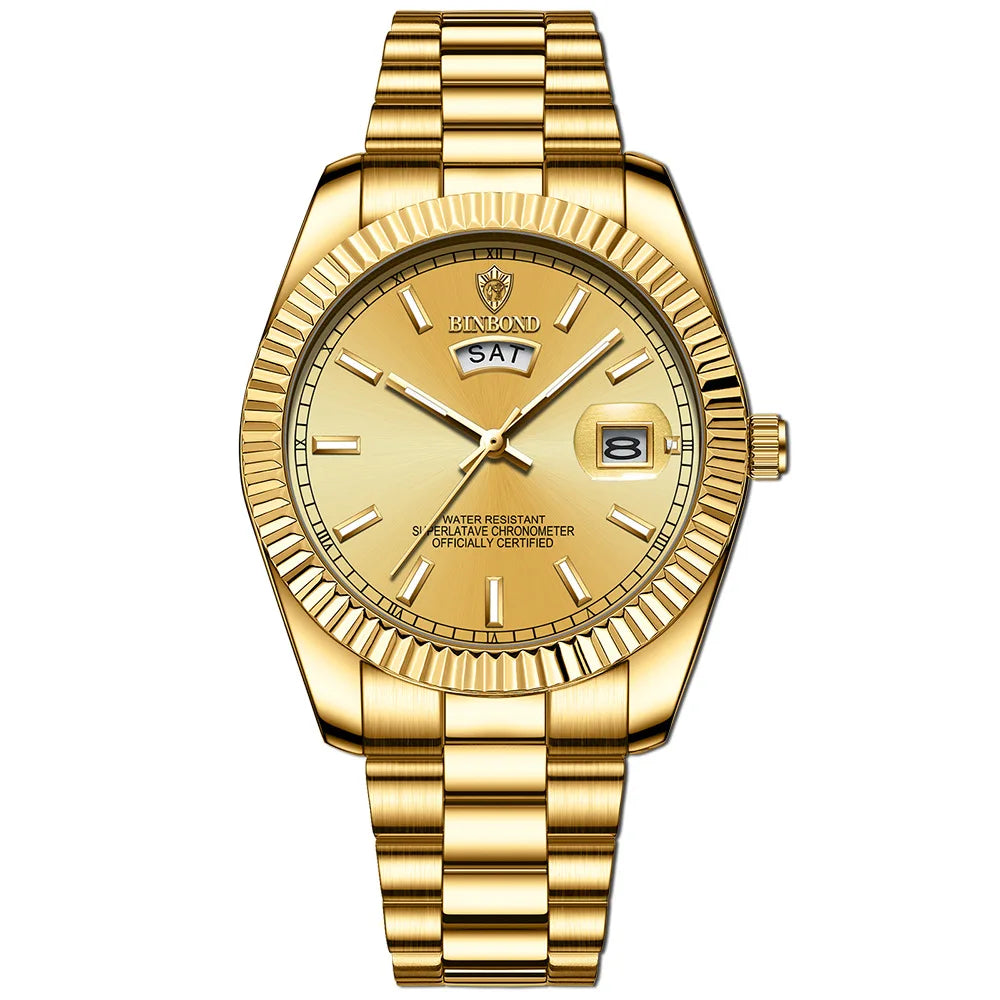 Mens Fashion Business Sports Quartz Watch 30M Waterproof Luminous Classic Calendar Creative Clock Mens Wristwatch BINBOND