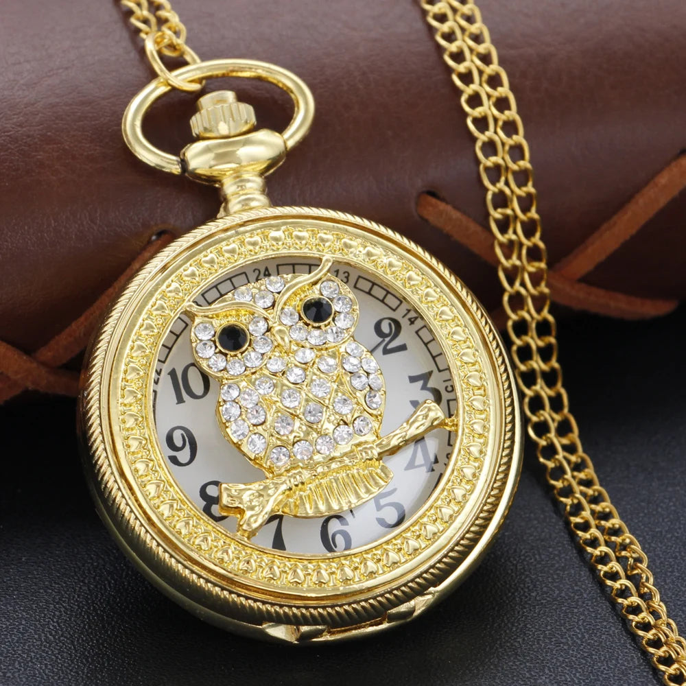 Gold Diamond Luxury Emerald Gem Pocket Watch Necklace Digital Pendant Chain Clock Fashion Sculpture Women's Men's Gift