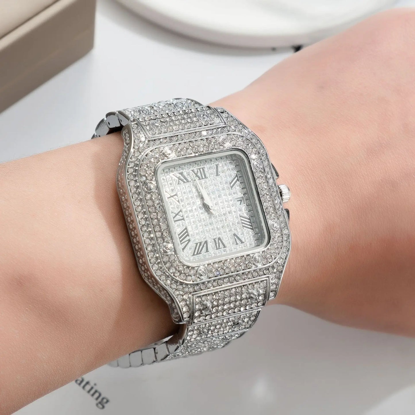 Watch For Men Luxury Gold Square Diamond Full Sky Star Male's Clock Watches Steel Band Quartz Wristwatch