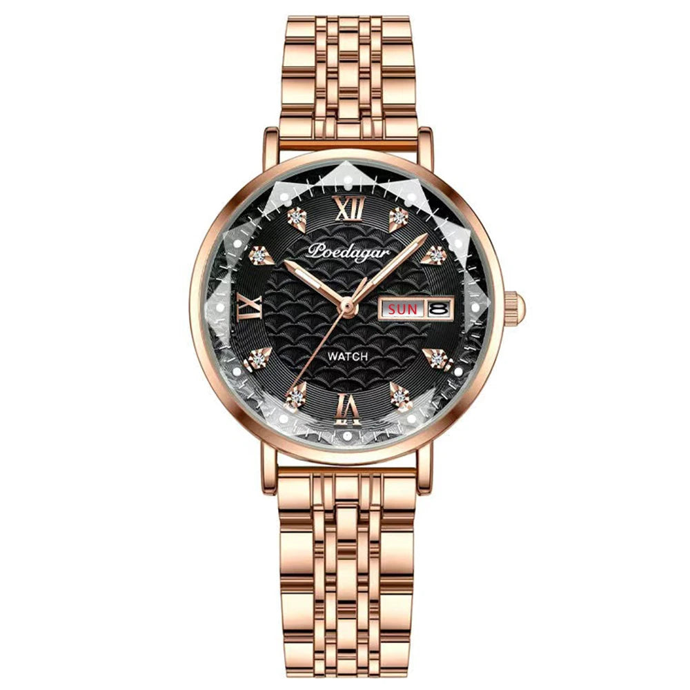 POEDAGAR Original Luxury Women Watch Week Date Waterproof Luminous Stainless Steel Woman Watches Simple Trendy Ladies Wristwatch