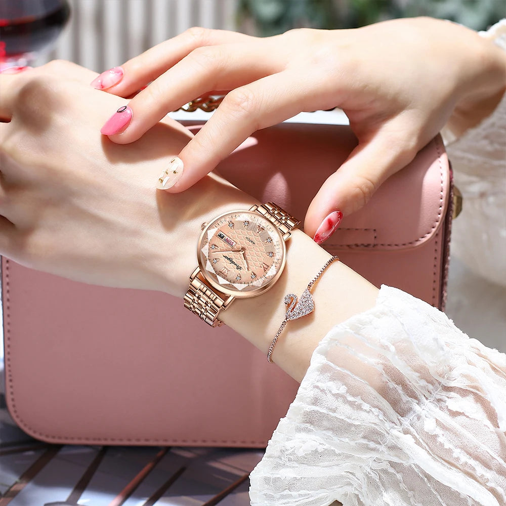 POEDAGAR Original Luxury Women Watch Week Date Waterproof Luminous Stainless Steel Woman Watches Simple Trendy Ladies Wristwatch