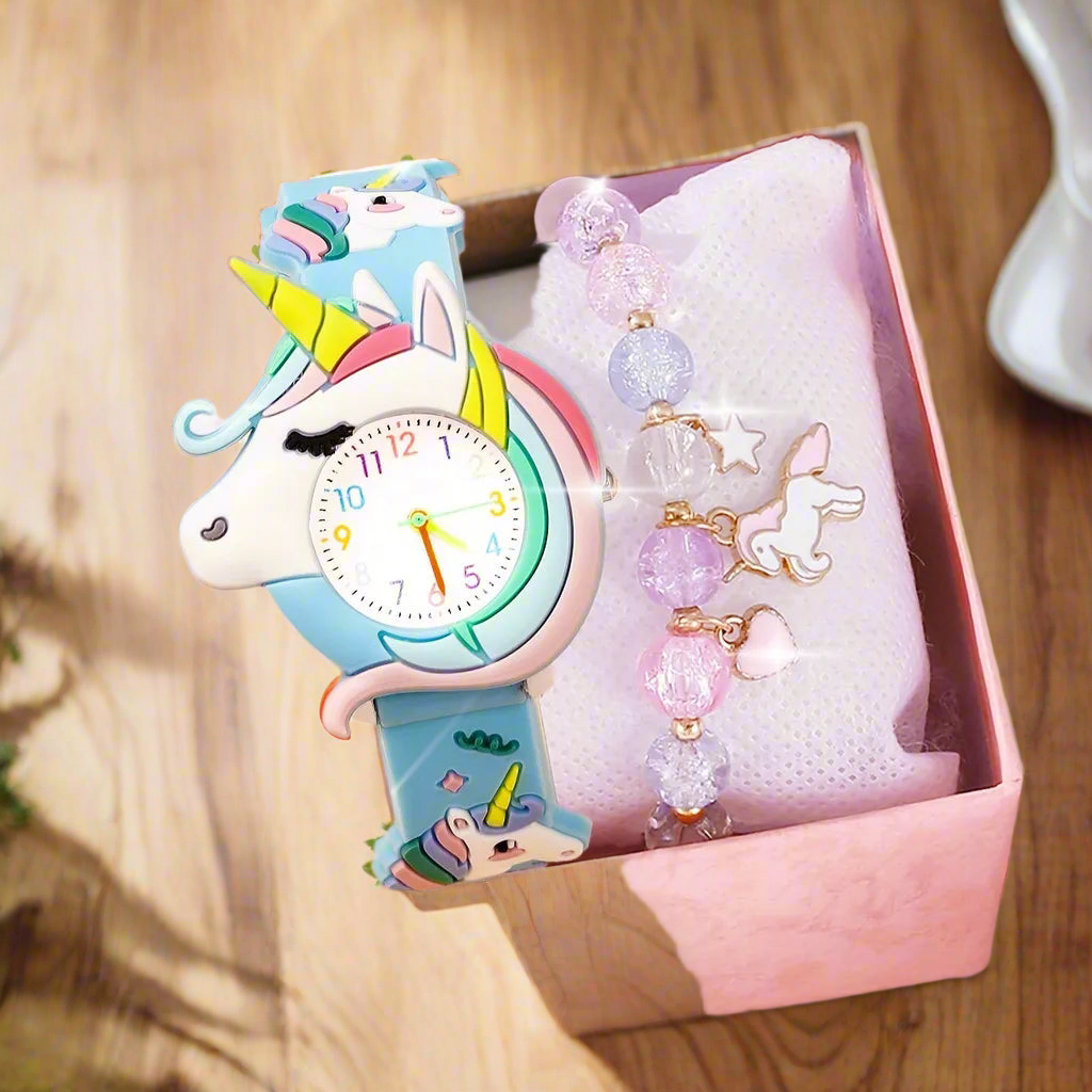 New Children's Cartoon Pattern  Unicorn Silicone   Bead Bracelet Set Student