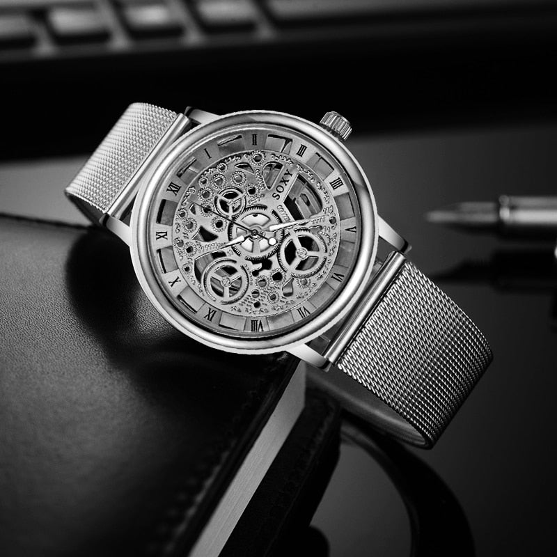 Luxury Skeleton Men Watch Women Wrist Watches Fashion Montre Homme Gold Wrist Watch Men Steel Mesh Men's Watch