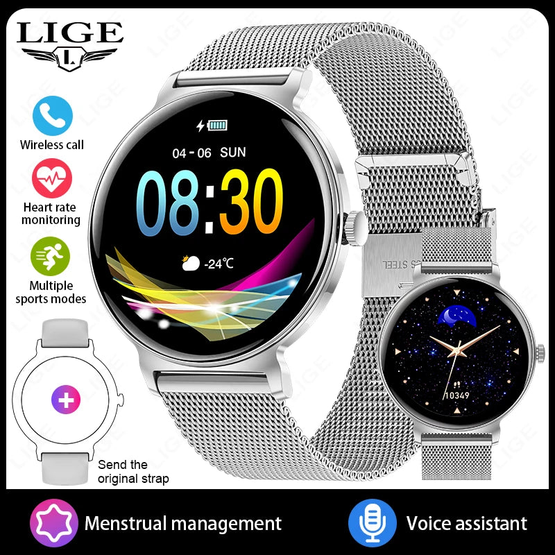 Fashion 1.27inch AMOLED Women's Smart Watch Always Display Time Smartwatch Ladies Heart Rate Monitor BT Call Waterproof Bracelet