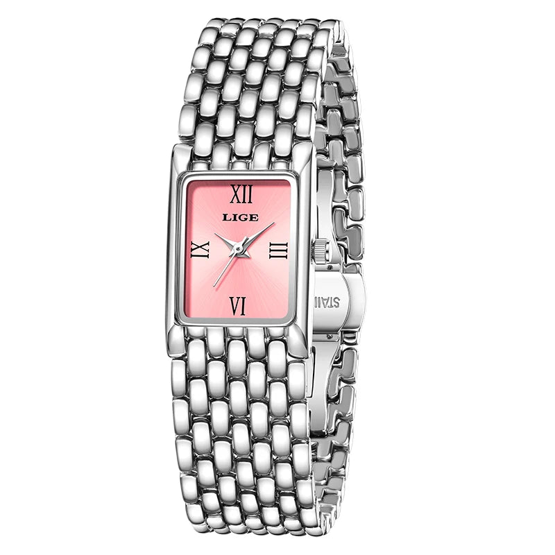 LIGE Gold Watch for Women Square Ladies Quartz Wristwatches Stainless Steel Women Small Gold Watch Luxury Casual Fashion Watch