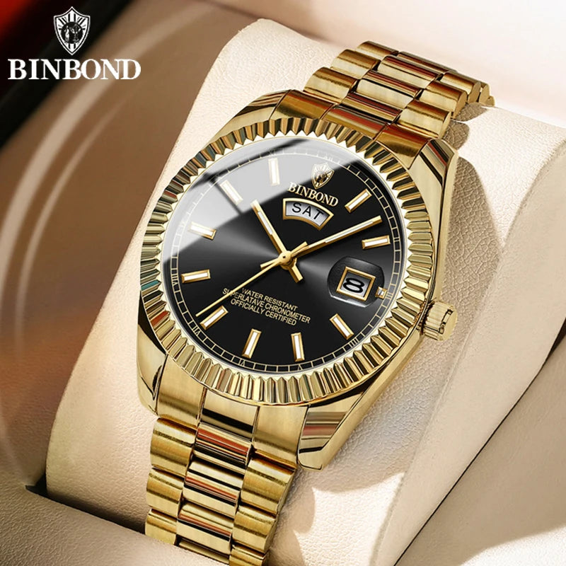 Mens Fashion Business Sports Quartz Watch 30M Waterproof Luminous Classic Calendar Creative Clock Mens Wristwatch BINBOND