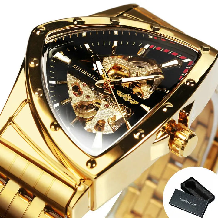 Military Triangle Skeleton Automatic Watch for Men Gold Sports Mechanical Watches Luxury Stainless Steel Strap Luminous