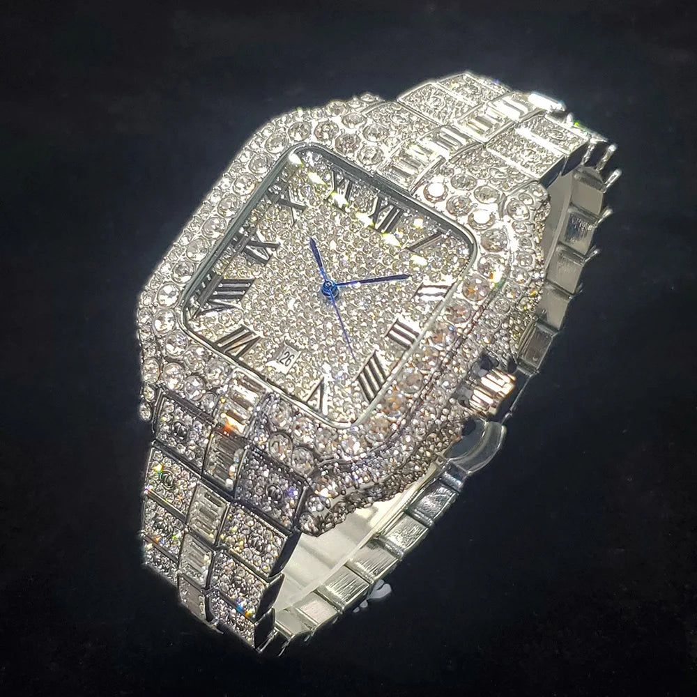 Iced Diamond Square 
Watch For Men Fashion Hip Hop Gold LuxuryQuartz Waterproof Stainless steel Clocks Male