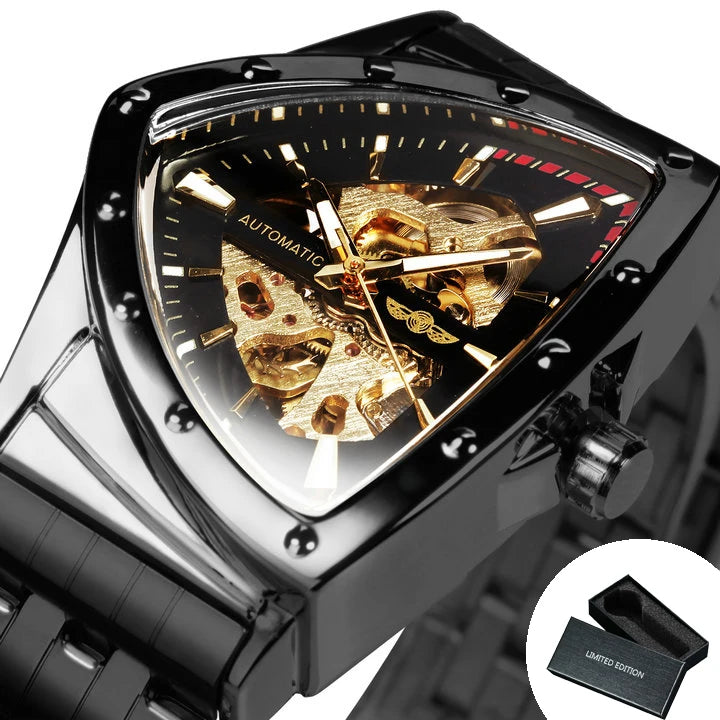 Military Triangle Skeleton Automatic Watch for Men Gold Sports Mechanical Watches Luxury Stainless Steel Strap Luminous