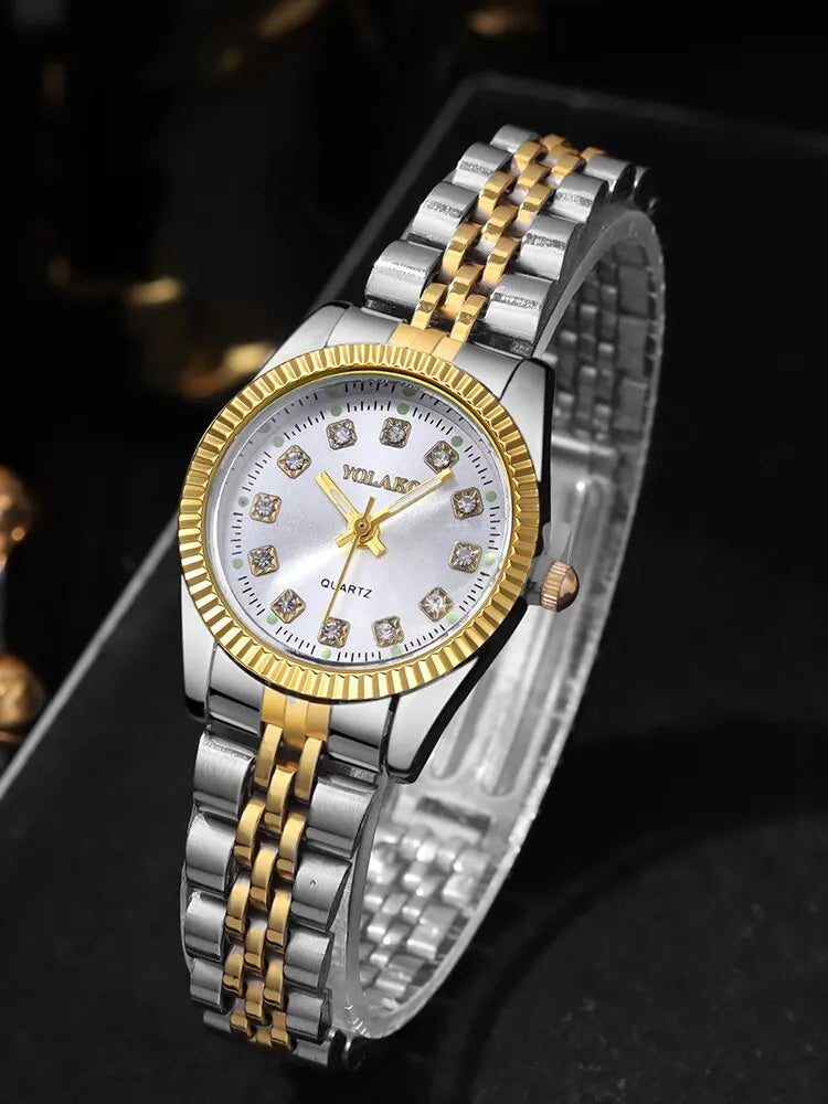 Women's Fashion Round Room Gold Steel Band Quartz Wristwatch