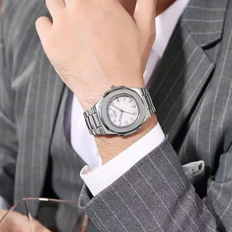 Casual Men Watches Big Dial Silver Stainless Steel Calendar Quartz Wristwatch Classic Top Brand Male Clock