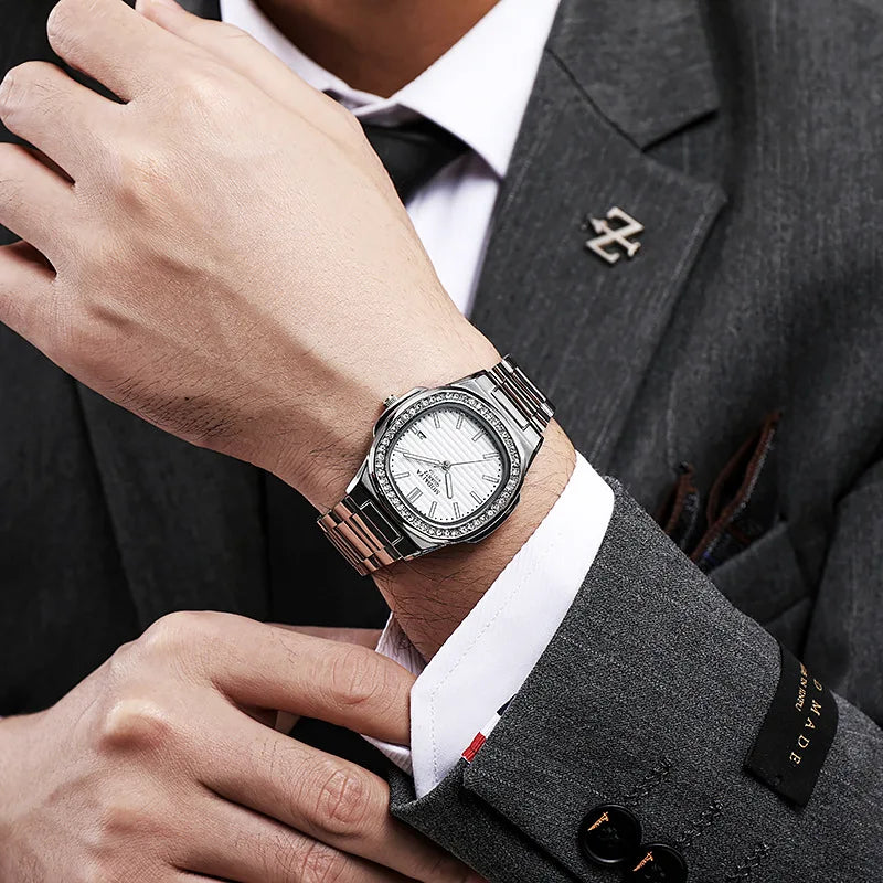 Casual Men Watches Big Dial Silver Stainless Steel Calendar Quartz Wristwatch Classic Top Brand Male Clock