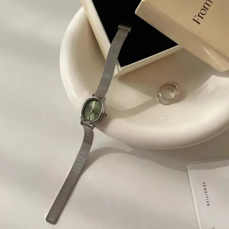 Small Oval Dial Green Watch Simple Stainless Steel Ladies Wristwatches Brand Women Luxury Gift Quartz watch