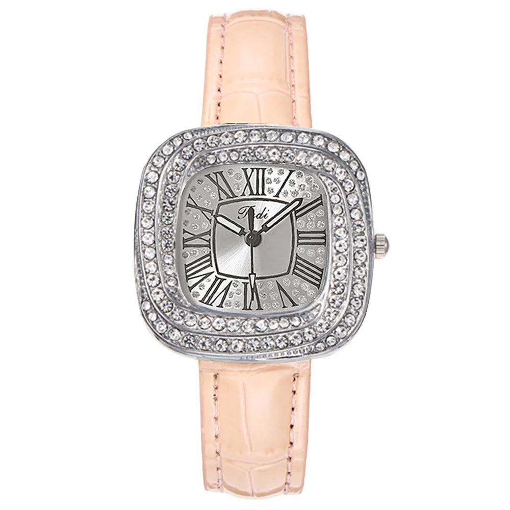 Fashion 2025 New Simple Square Ladies Full Star Diamonds Quartz Watch Casual Green Leather Dress Women's Clock Wristwatch