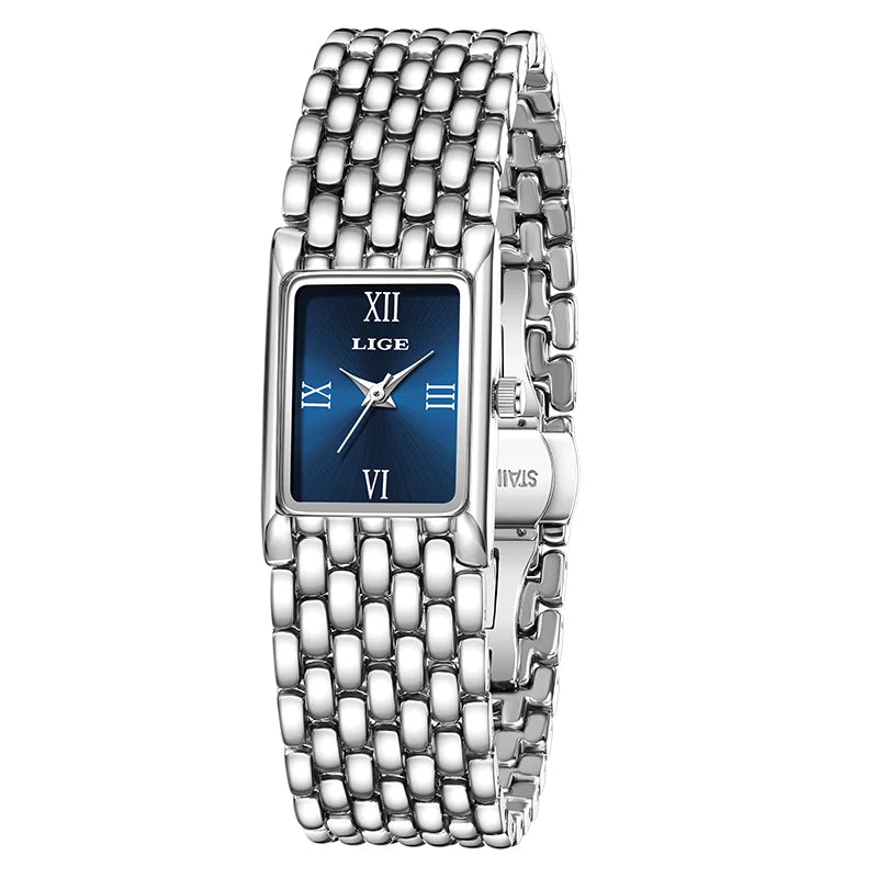 LIGE Gold Watch for Women Square Ladies Quartz Wristwatches Stainless Steel Women Small Gold Watch Luxury Casual Fashion Watch