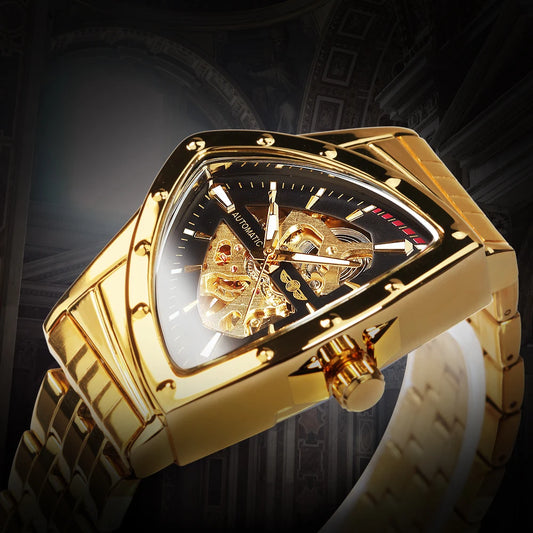 Military Triangle Skeleton Automatic Watch for Men Gold Sports Mechanical Watches Luxury Stainless Steel Strap Luminous