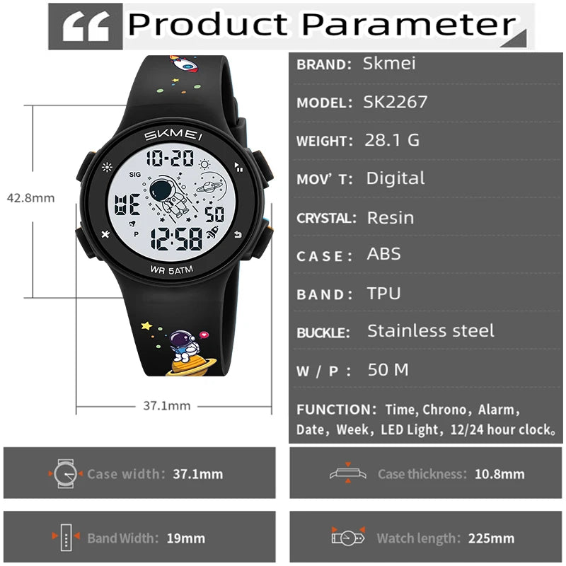 Skmei Kids Digital Watches Fashion TPU Strap Colorful Light LED Waterproof Children Boy Girl Sports Wristwatch with Alarm Clock