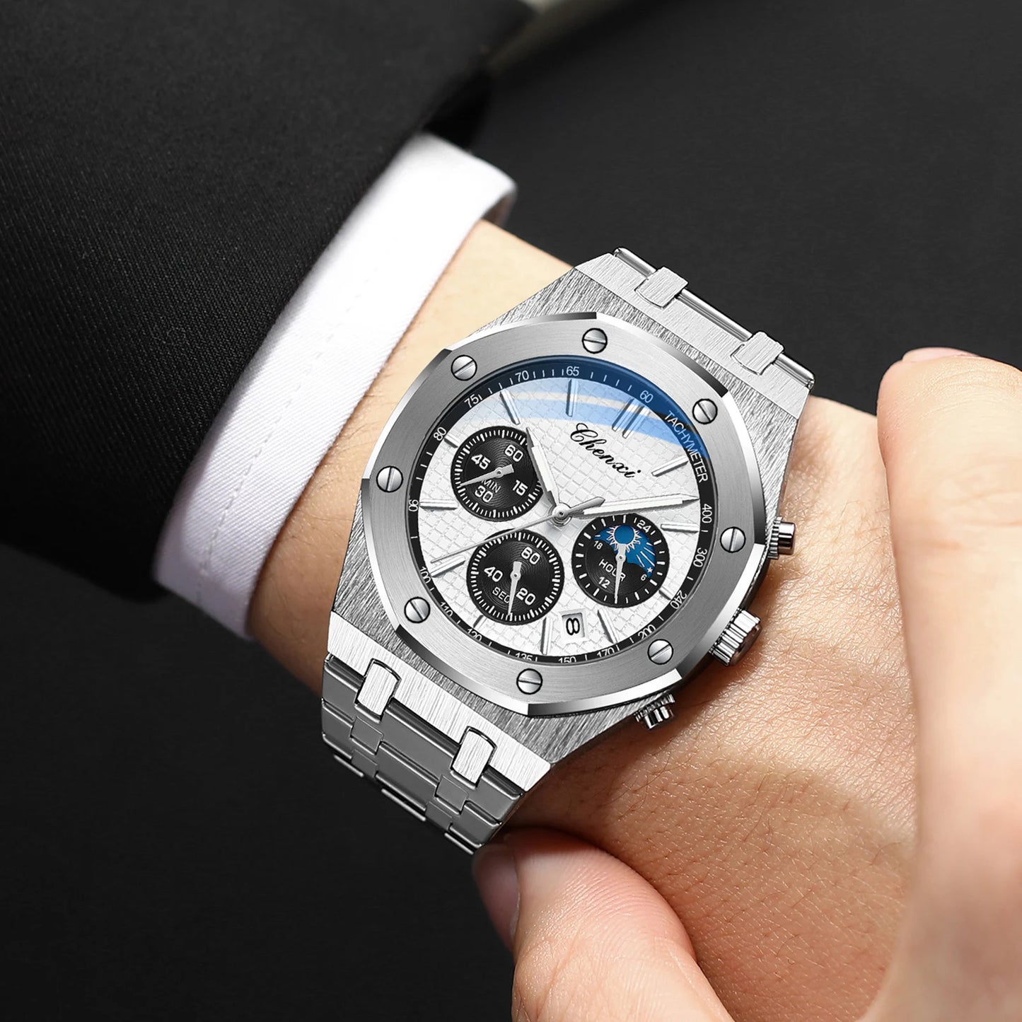 Luxury Business Man Watch High Quality Chronograph Moon Phase Quartz Watches Original Waterproof Clock Male