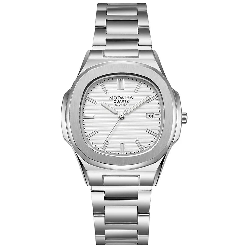Casual Men Watches Big Dial Silver Stainless Steel Calendar Quartz Wristwatch Classic Top Brand Male Clock