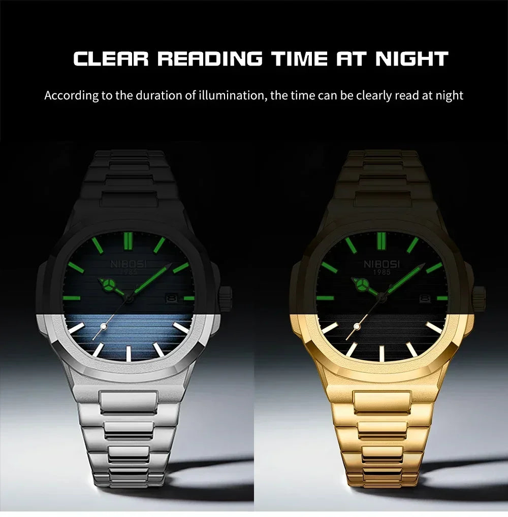 NIBOSI Luxury Watch For Man Waterproof Square Luminous Date Stainless Steel Men Watch Casual Quartz Mens Watches Reloj Hombre