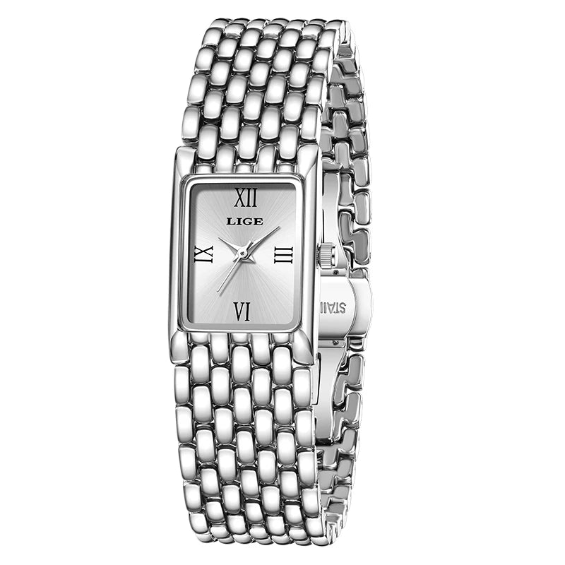 LIGE Gold Watch for Women Square Ladies Quartz Wristwatches Stainless Steel Women Small Gold Watch Luxury Casual Fashion Watch