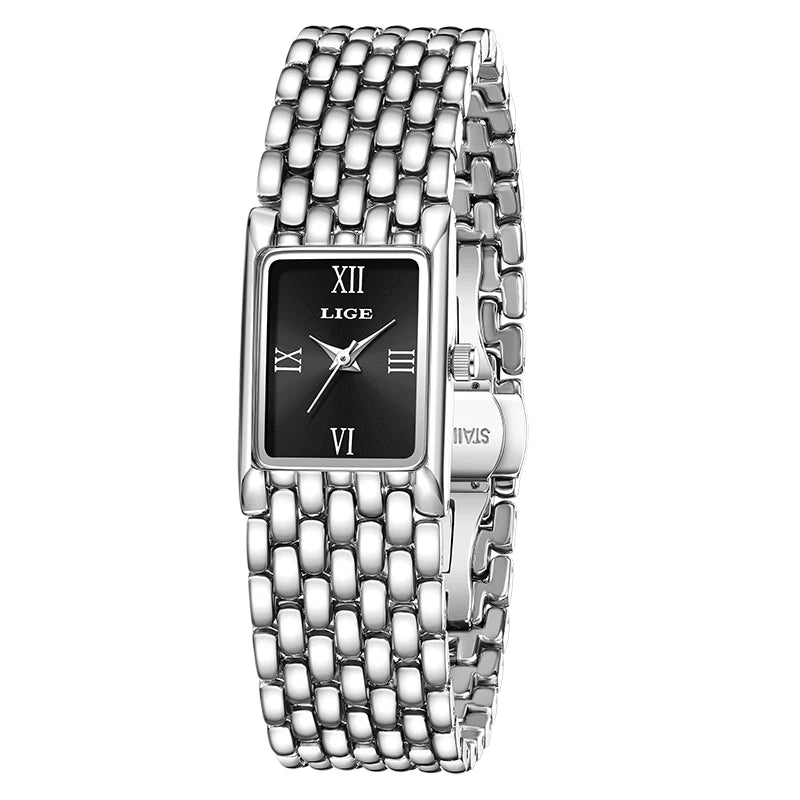 LIGE Gold Watch for Women Square Ladies Quartz Wristwatches Stainless Steel Women Small Gold Watch Luxury Casual Fashion Watch