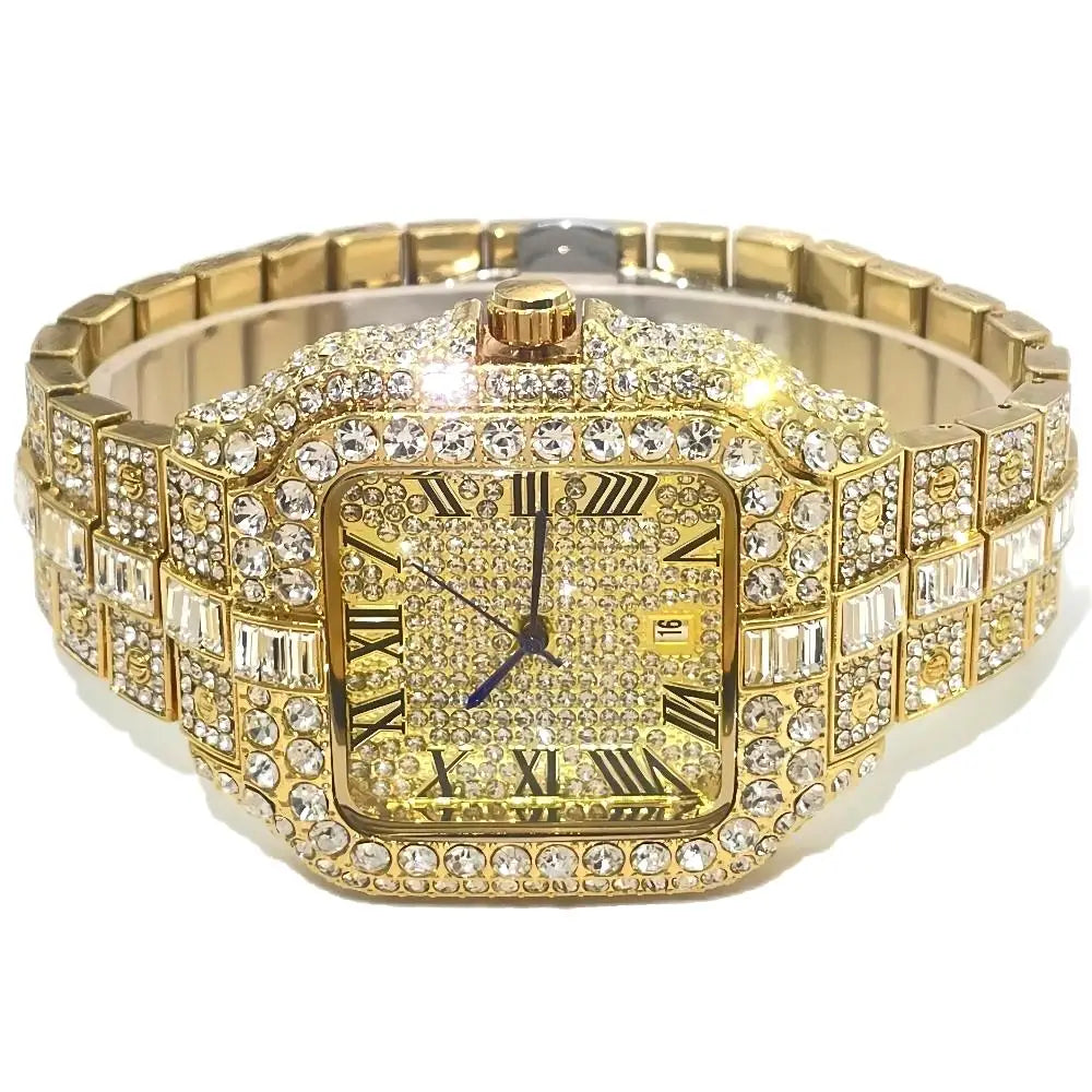 Iced Diamond Square 
Watch For Men Fashion Hip Hop Gold LuxuryQuartz Waterproof Stainless steel Clocks Male